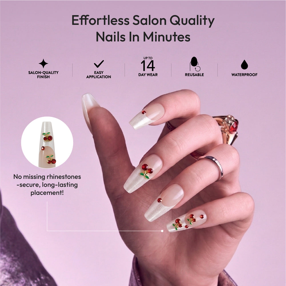 Gold Finger Glitzy 3D Press-On Nails in Delish – 2X-Long Coffin Fake Nails, Pearl French with 3D Cherry Rhinestones, Luxury Glue On Nails, 28 Pc Kit product view.