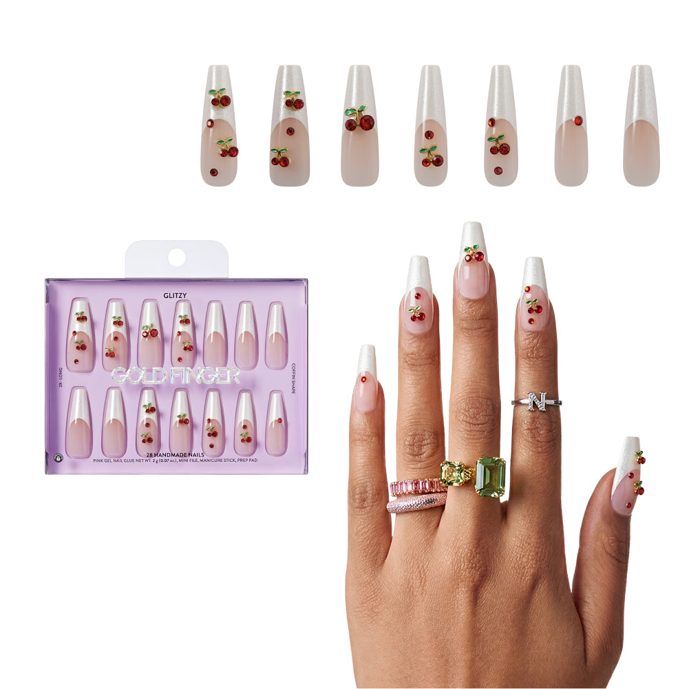 Gold Finger Glitzy 3D Press-On Nails in Delish – 2X-Long Coffin Fake Nails, Pearl French with 3D Cherry Rhinestones, Luxury Glue On Nails, 28 Pc Kit, main product view.