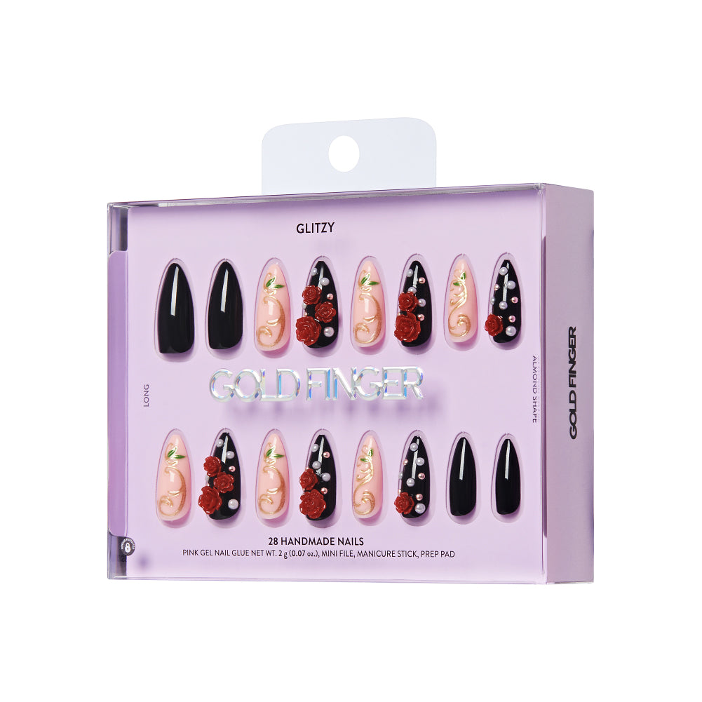 Gold Finger Glitzy 3D Press-On Nails in Valuable – Long Almond Fake Nails, 3D Red Roses & Gold Filigree, Luxury Glue On Nails, 28 Pc Kit product view.