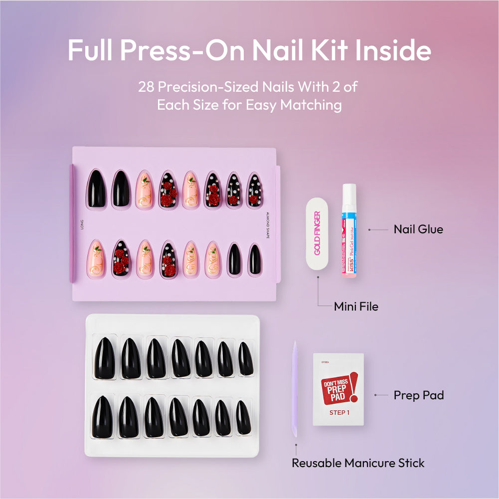 Gold Finger Glitzy 3D Press-On Nails in Valuable – Long Almond Fake Nails, 3D Red Roses & Gold Filigree, Luxury Glue On Nails, 28 Pc Kit product view.
