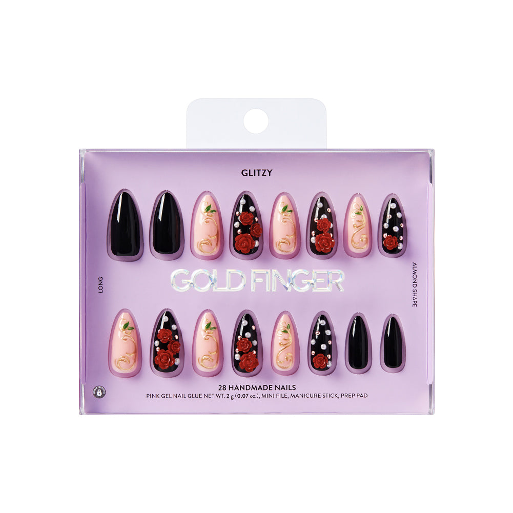 Gold Finger Glitzy 3D Press-On Nails in Valuable – Long Almond Fake Nails, 3D Red Roses & Gold Filigree, Luxury Glue On Nails, 28 Pc Kit, package front.