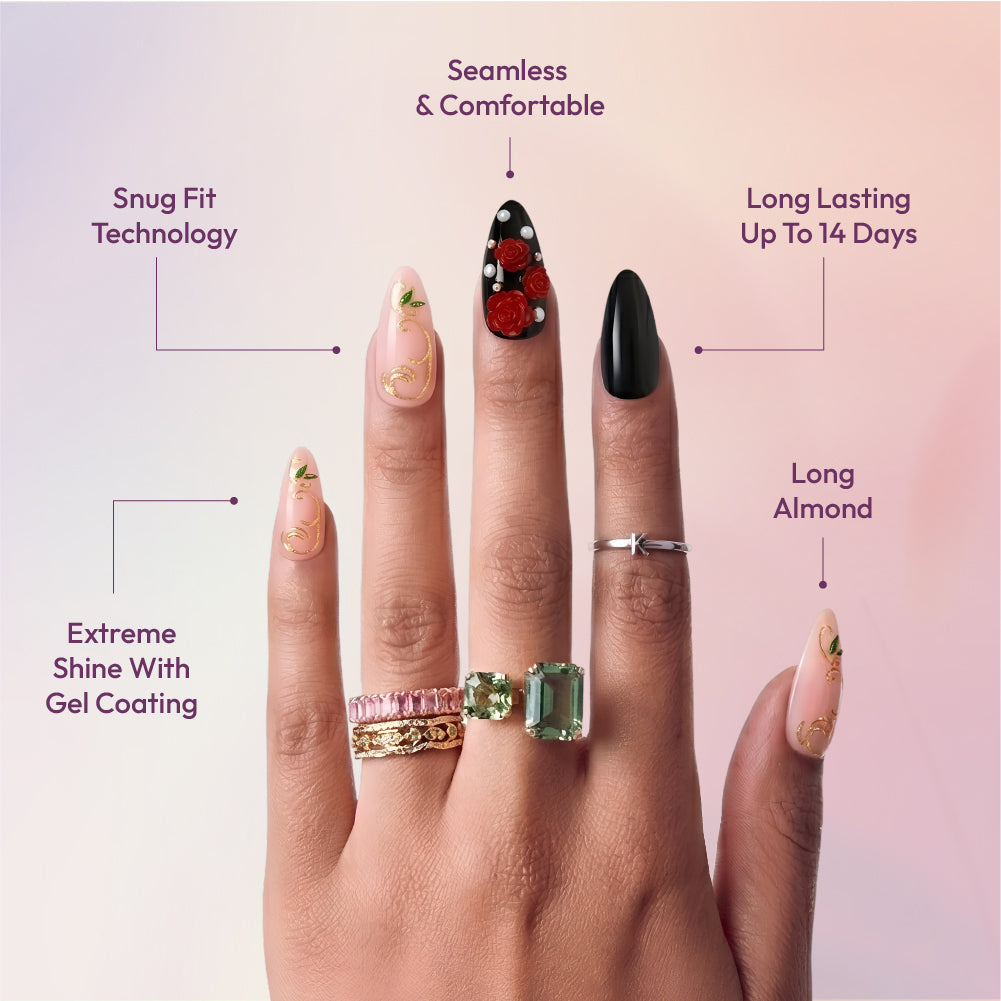 Gold Finger Glitzy 3D Press-On Nails in Valuable – Long Almond Fake Nails, 3D Red Roses & Gold Filigree, Luxury Glue On Nails, 28 Pc Kit product view.