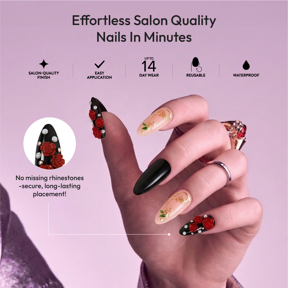 Gold Finger Glitzy 3D Press-On Nails in Valuable – Long Almond Fake Nails, 3D Red Roses & Gold Filigree, Luxury Glue On Nails, 28 Pc Kit product view.