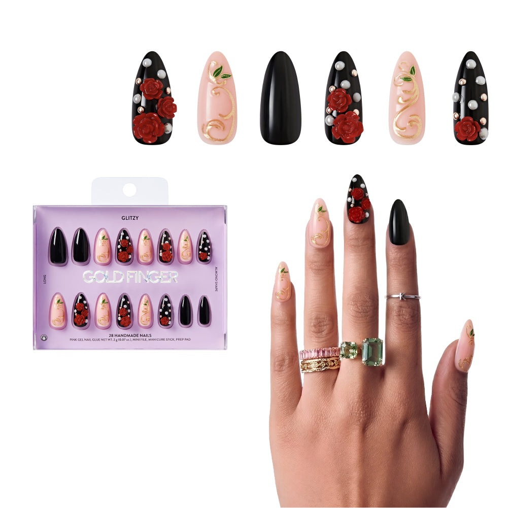 Gold Finger Glitzy 3D Press-On Nails in Valuable – Long Almond Fake Nails, 3D Red Roses & Gold Filigree, Luxury Glue On Nails, 28 Pc Kit, main product view.