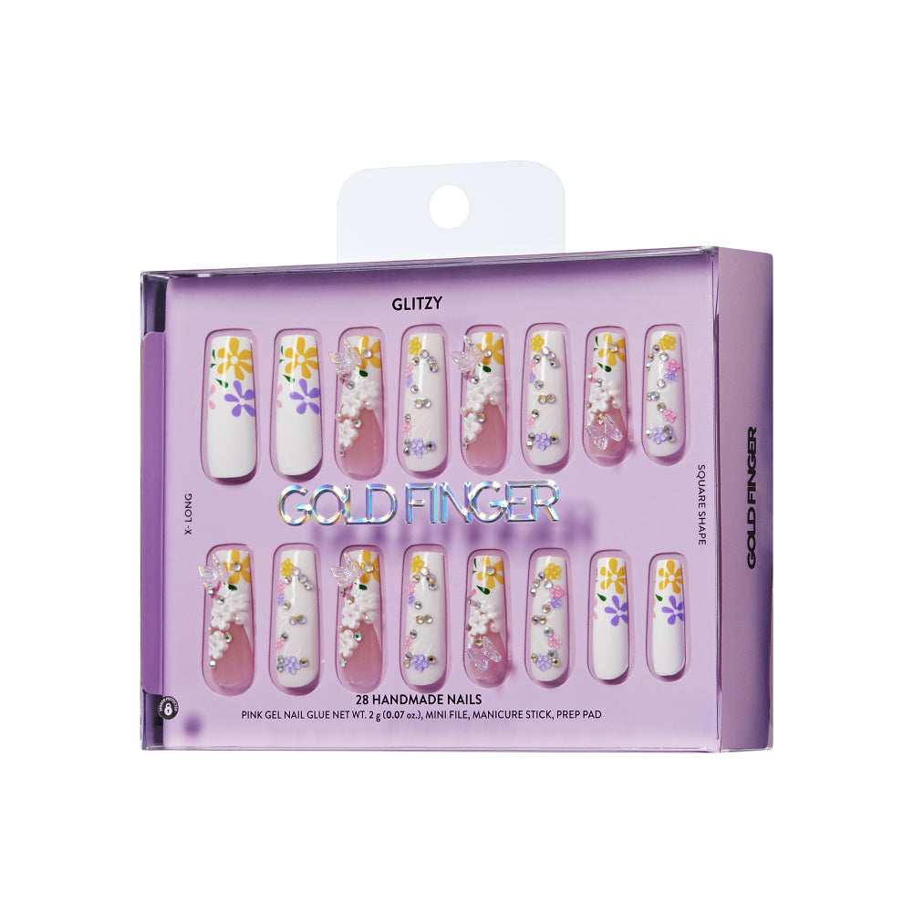 Gold Finger Glitzy 3D Press-On Nails in Posh – X-Long Square Fake Nails, 3D Flowers & Butterfly Charms, Luxury Glue On Nails, 28 Pc Kit product view.
