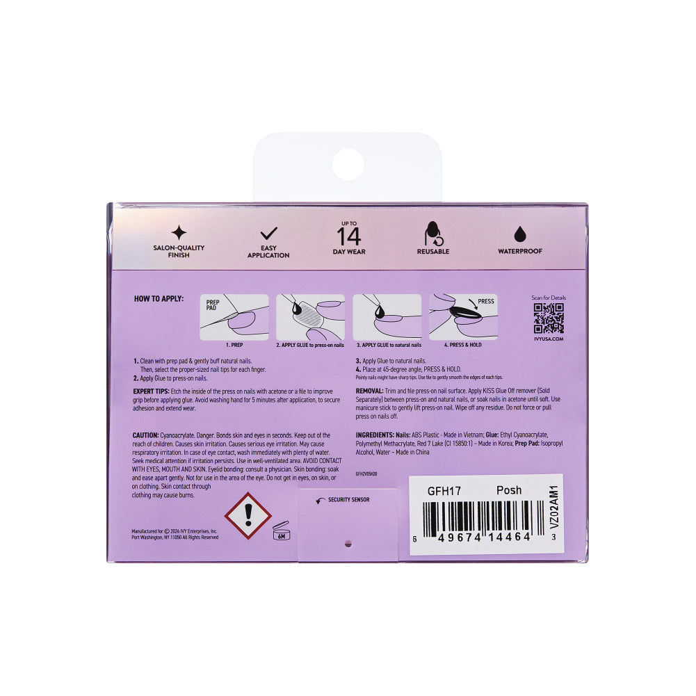 Gold Finger Glitzy 3D Press-On Nails in Posh – X-Long Square Fake Nails, 3D Flowers & Butterfly Charms, Luxury Glue On Nails, 28 Pc Kit, package back.