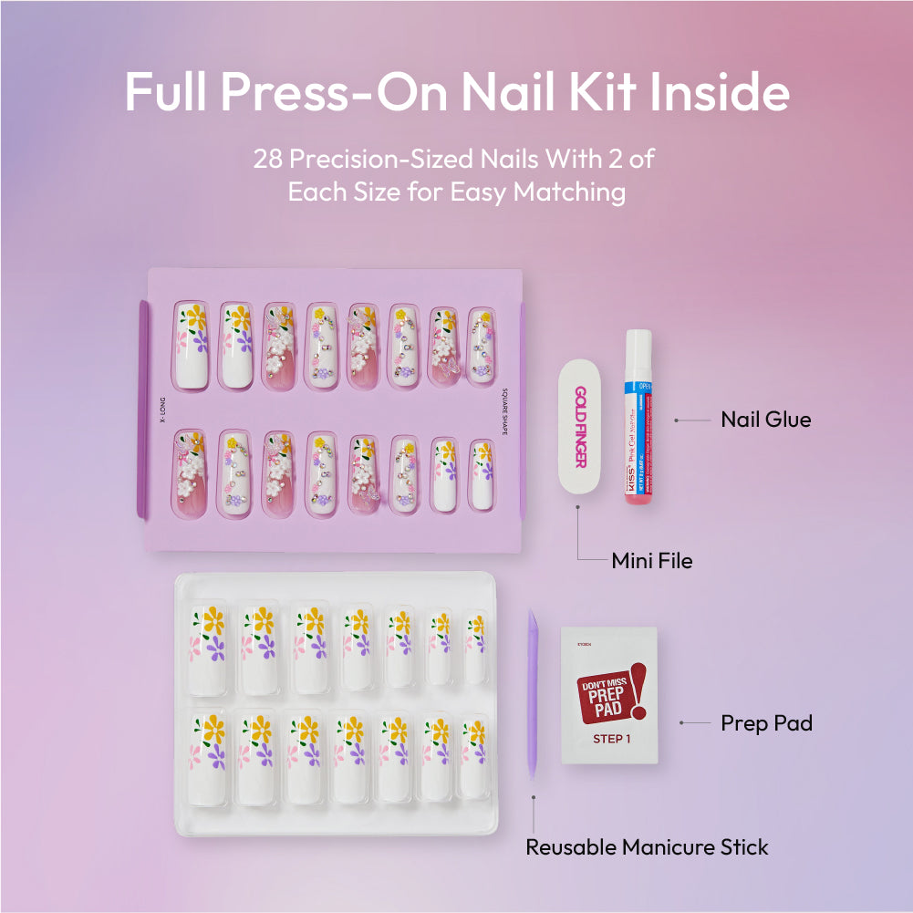 Gold Finger Glitzy 3D Press-On Nails in Posh – X-Long Square Fake Nails, 3D Flowers & Butterfly Charms, Luxury Glue On Nails, 28 Pc Kit product view.