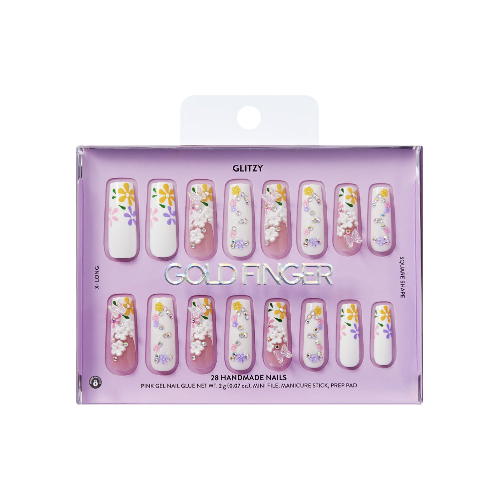 Gold Finger Glitzy 3D Press-On Nails in Posh – X-Long Square Fake Nails, 3D Flowers & Butterfly Charms, Luxury Glue On Nails, 28 Pc Kit, package front.