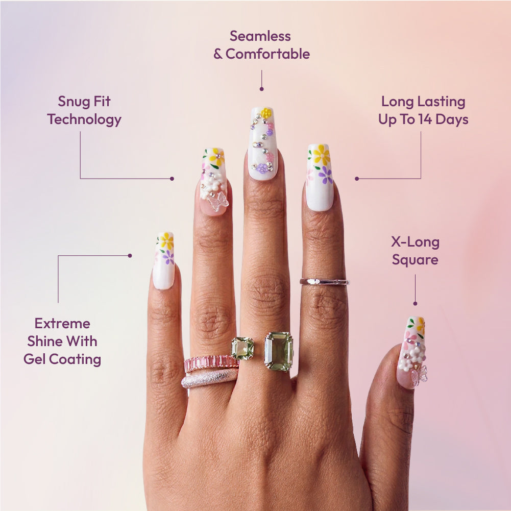 Gold Finger Glitzy 3D Press-On Nails in Posh – X-Long Square Fake Nails, 3D Flowers & Butterfly Charms, Luxury Glue On Nails, 28 Pc Kit product view.