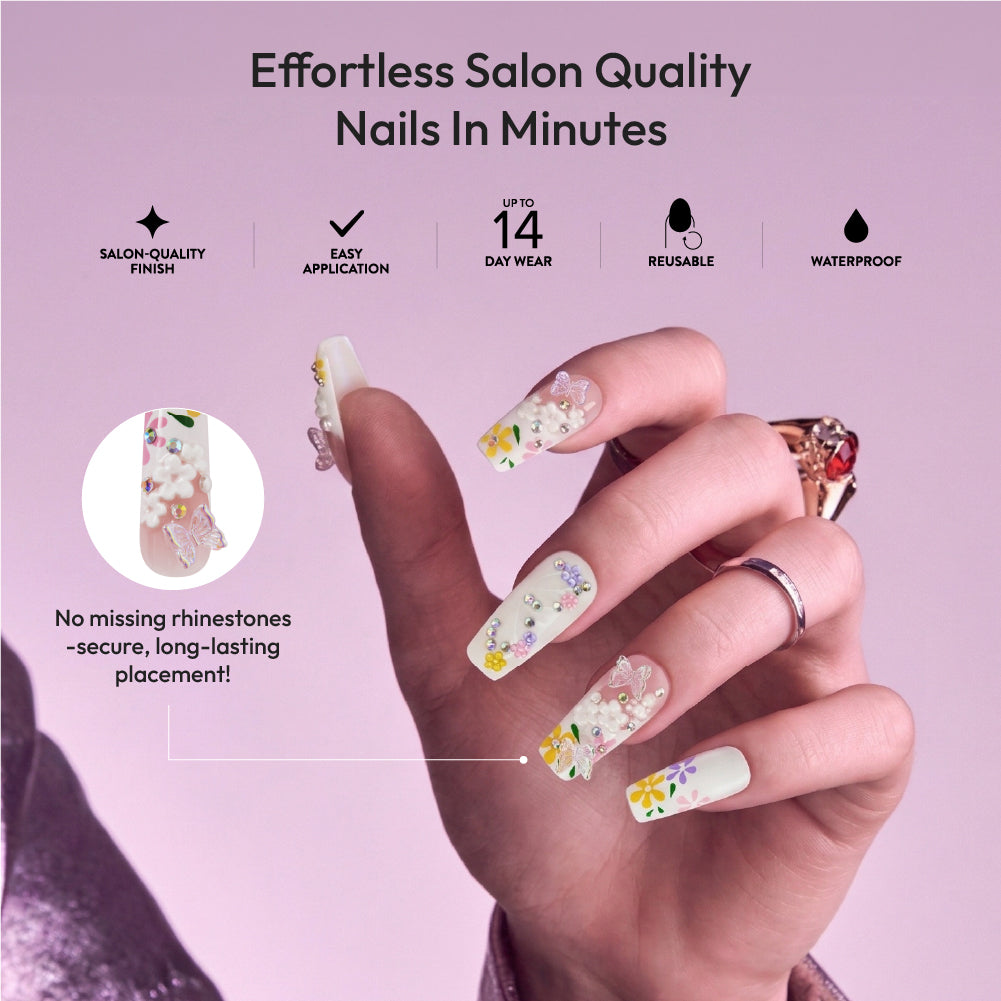 Gold Finger Glitzy 3D Press-On Nails in Posh – X-Long Square Fake Nails, 3D Flowers & Butterfly Charms, Luxury Glue On Nails, 28 Pc Kit product view.
