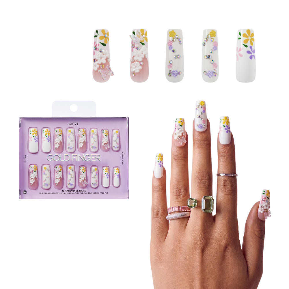 Gold Finger Glitzy 3D Press-On Nails in Posh – X-Long Square Fake Nails, 3D Flowers & Butterfly Charms, Luxury Glue On Nails, 28 Pc Kit, main product view.
