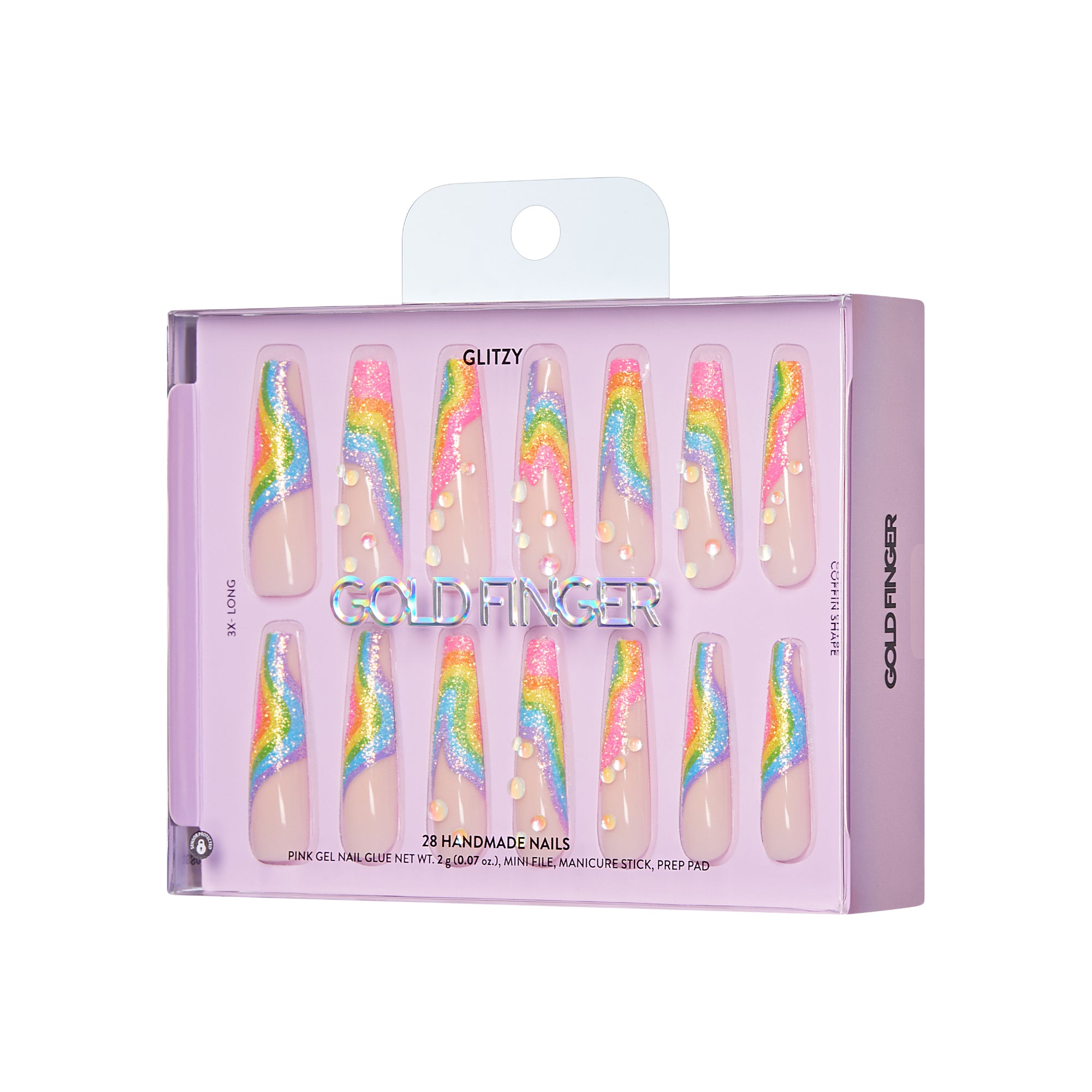 Glitzy 3D Handmade Press-On Nails – Rainbow Sugar Glitter French (3X-Long Coffin)
