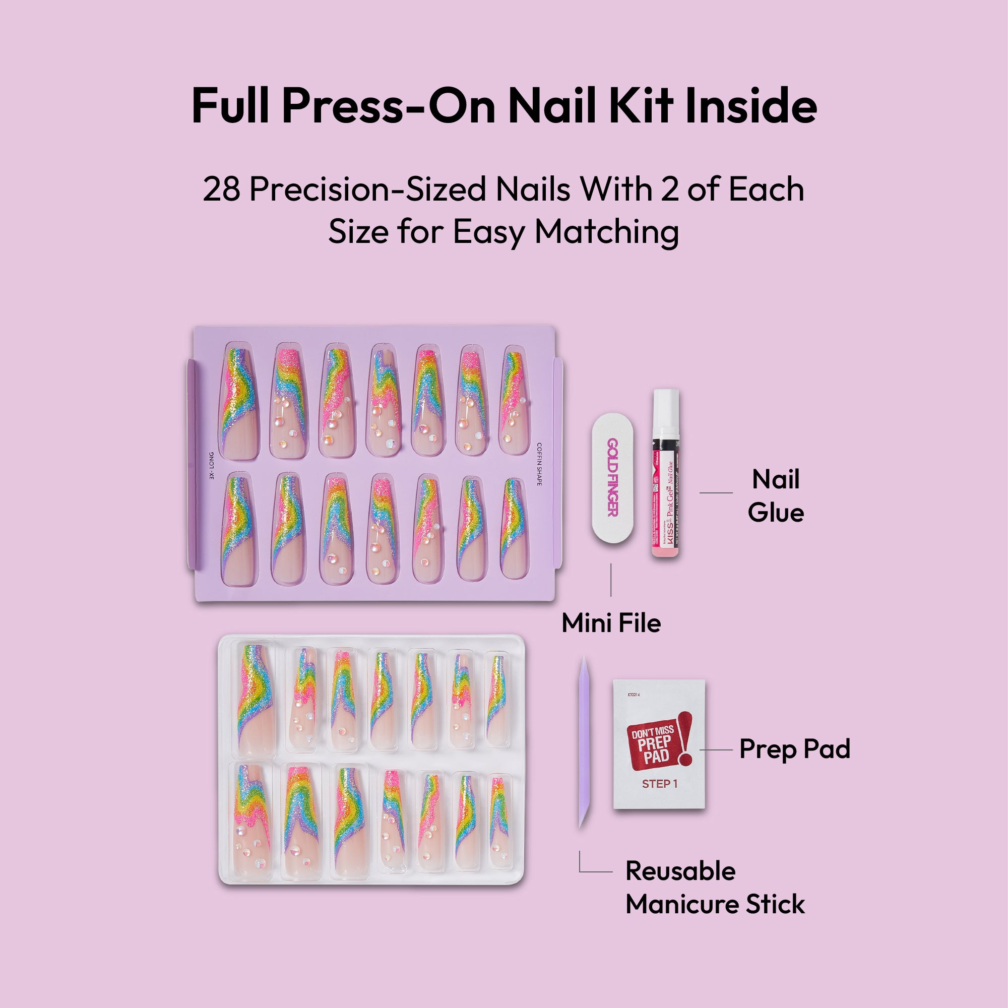 Glitzy 3D Handmade Press-On Nails – Rainbow Sugar Glitter French (3X-Long Coffin)