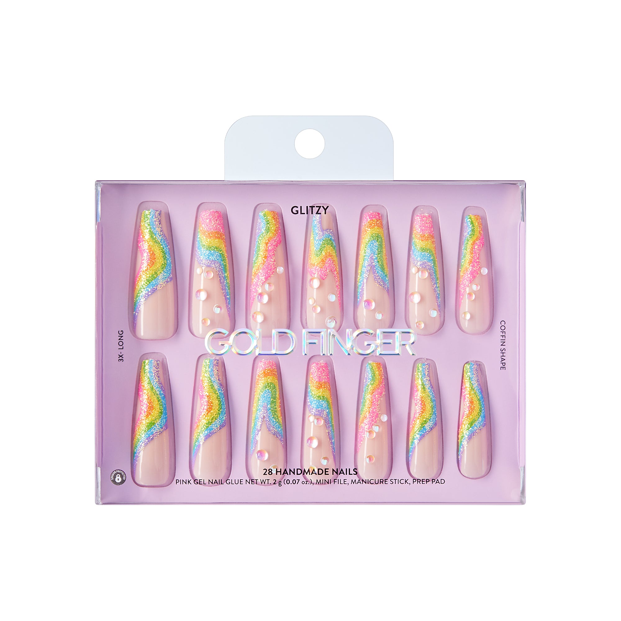 Glitzy 3D Handmade Press-On Nails – Rainbow Sugar Glitter French (3X-Long Coffin)