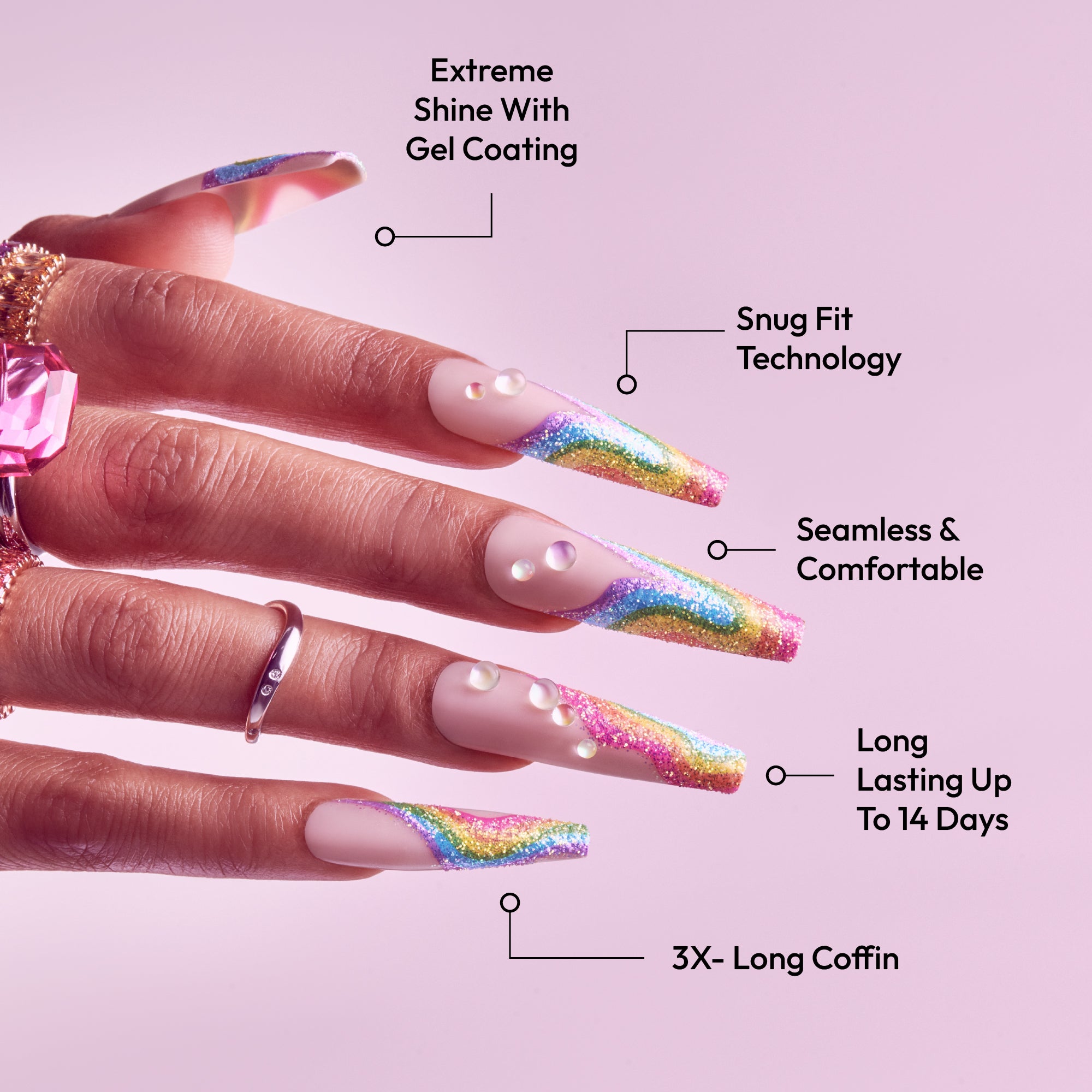 Glitzy 3D Handmade Press-On Nails – Rainbow Sugar Glitter French (3X-Long Coffin)