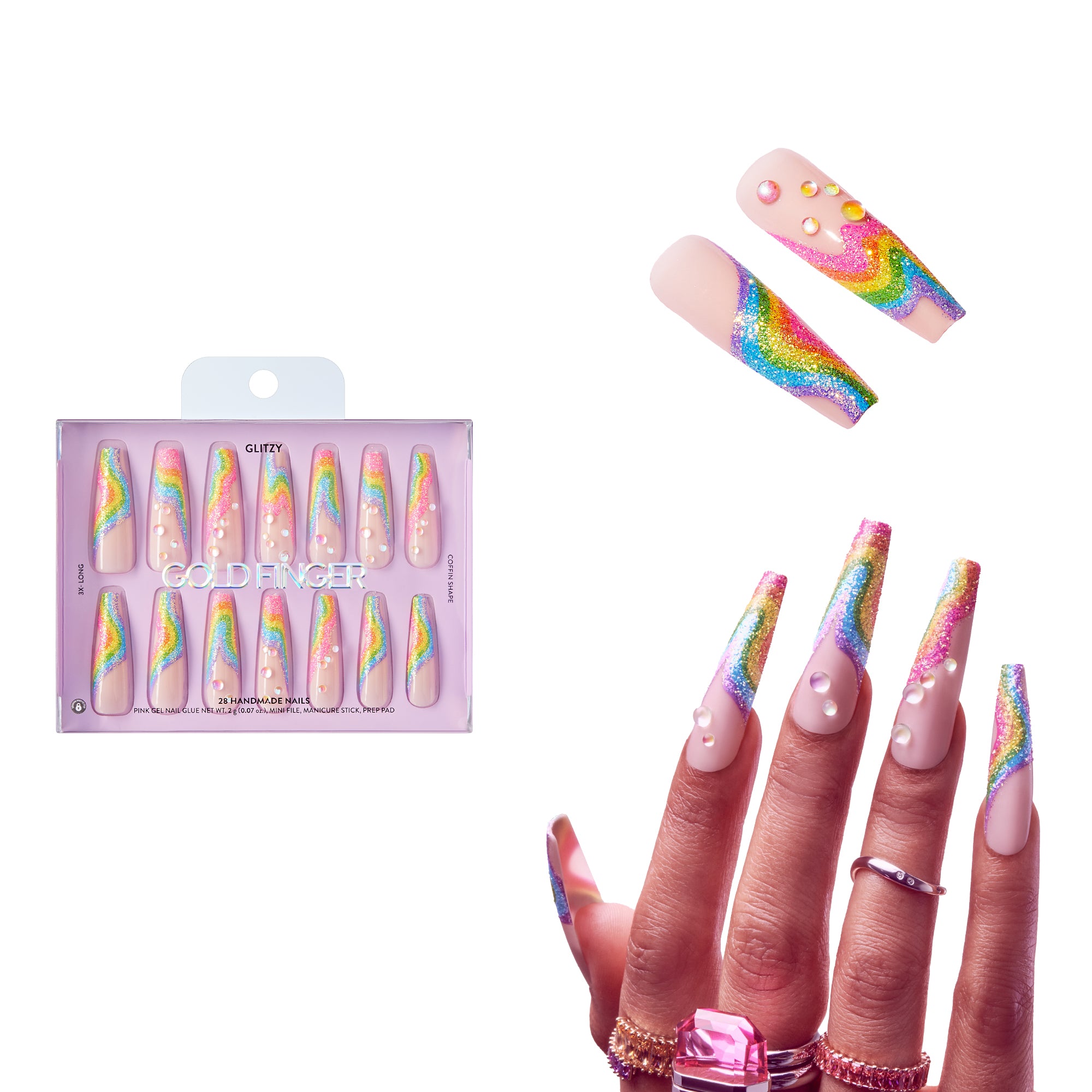 Glitzy 3D Handmade Press-On Nails – Rainbow Sugar Glitter French (3X-Long Coffin)