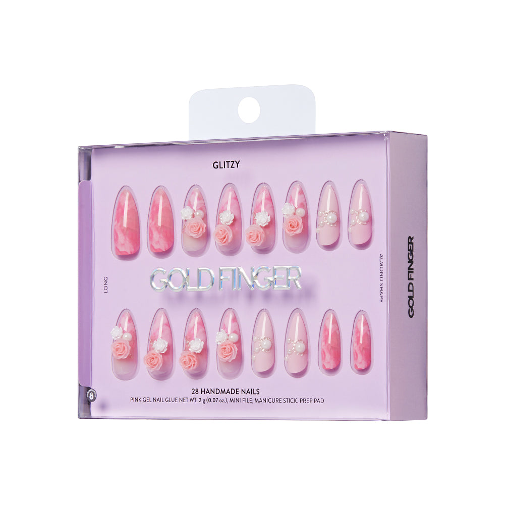 Gold Finger Glitzy 3D Press-On Nails in Five Star – Long Almond Fake Nails, Pink Marble & 3D Roses, Luxury Glue On Nails, 28 Pc Kit product view.