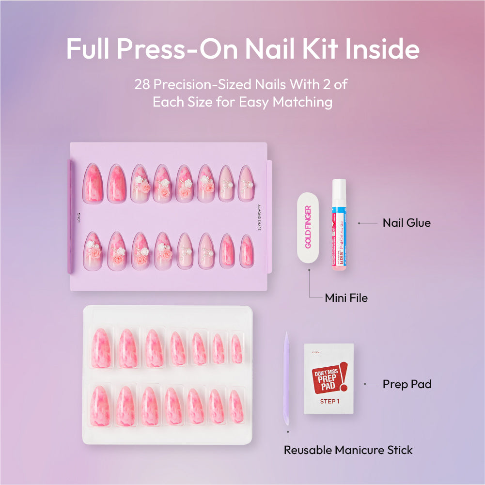 Gold Finger Glitzy 3D Press-On Nails in Five Star – Long Almond Fake Nails, Pink Marble & 3D Roses, Luxury Glue On Nails, 28 Pc Kit product view.