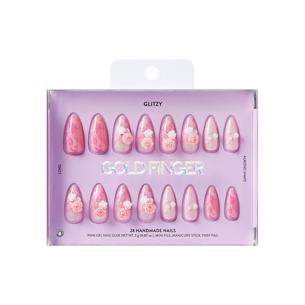 Gold Finger Glitzy 3D Press-On Nails in Five Star – Long Almond Fake Nails, Pink Marble & 3D Roses, Luxury Glue On Nails, 28 Pc Kit, package front.