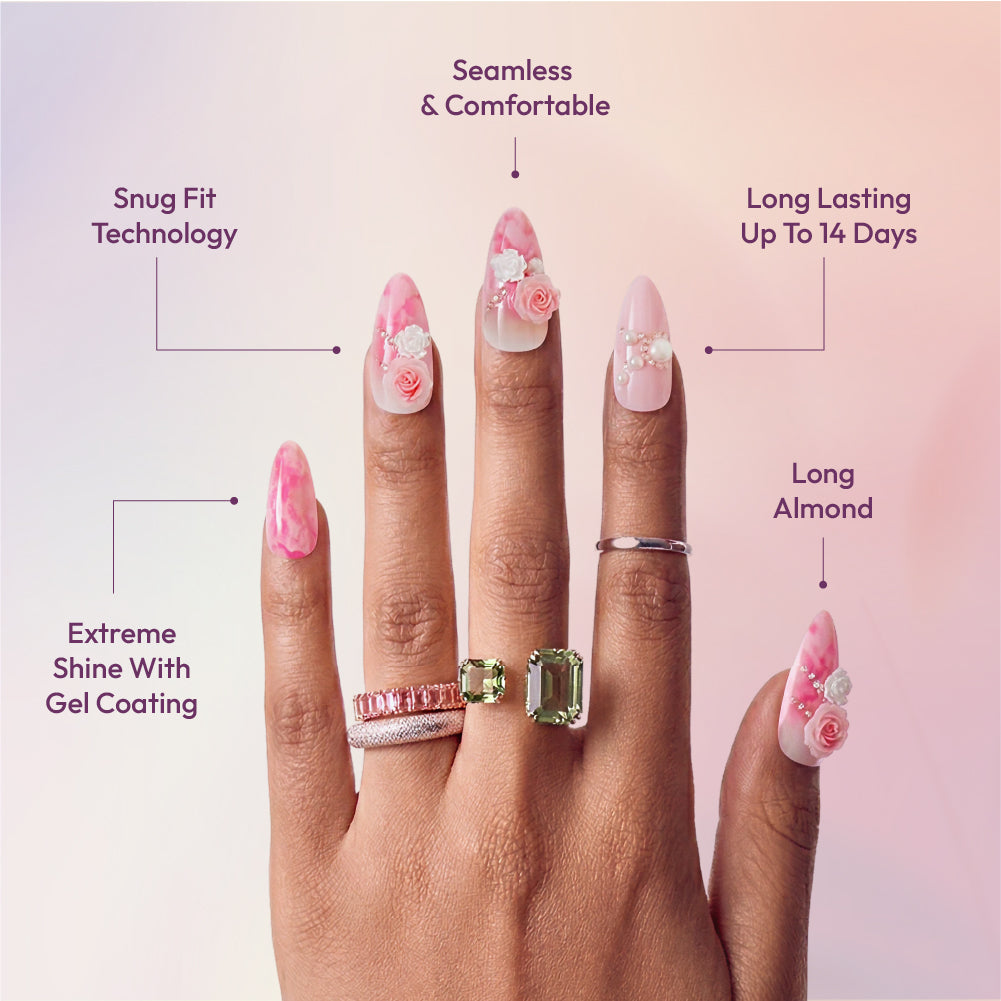 Gold Finger Glitzy 3D Press-On Nails in Five Star – Long Almond Fake Nails, Pink Marble & 3D Roses, Luxury Glue On Nails, 28 Pc Kit product view.