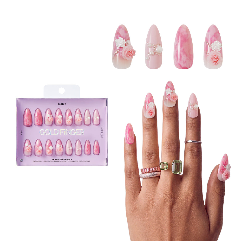 Gold Finger Glitzy 3D Press-On Nails in Five Star – Long Almond Fake Nails, Pink Marble & 3D Roses, Luxury Glue On Nails, 28 Pc Kit, main product view.