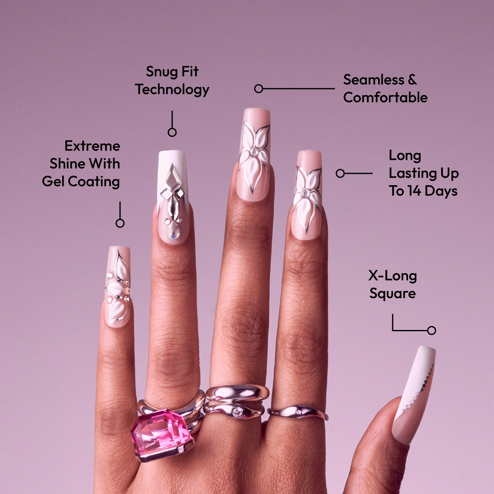 Gold Finger Glitzy 3D Handmade Press-On Nails – White Flower & Gem French (X-Long Square)