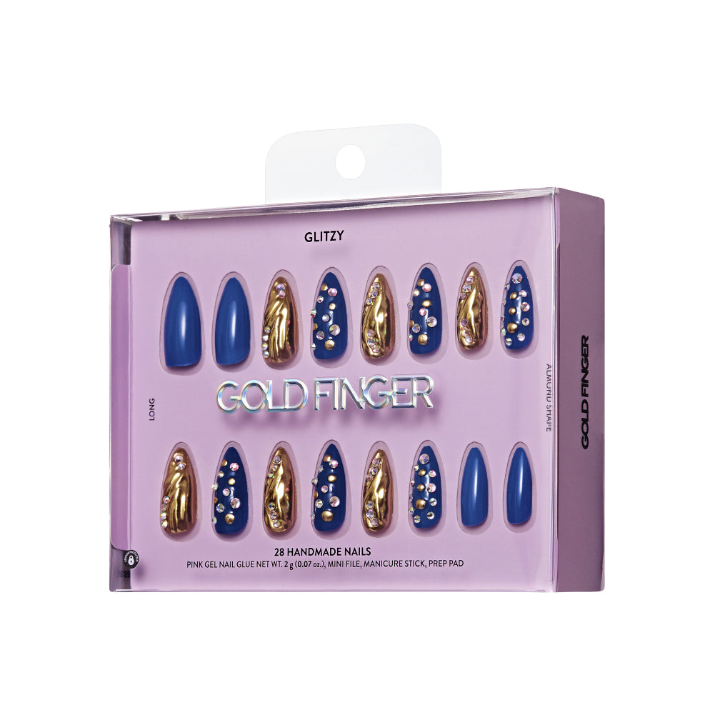 Gold Finger Glitzy 3D Press-On Nails in The Prime – Long Almond Fake Nails, Royal Blue & Gold Chrome with Rhinestones, Luxury Glue On Nails, 28 Pc Kit product view.