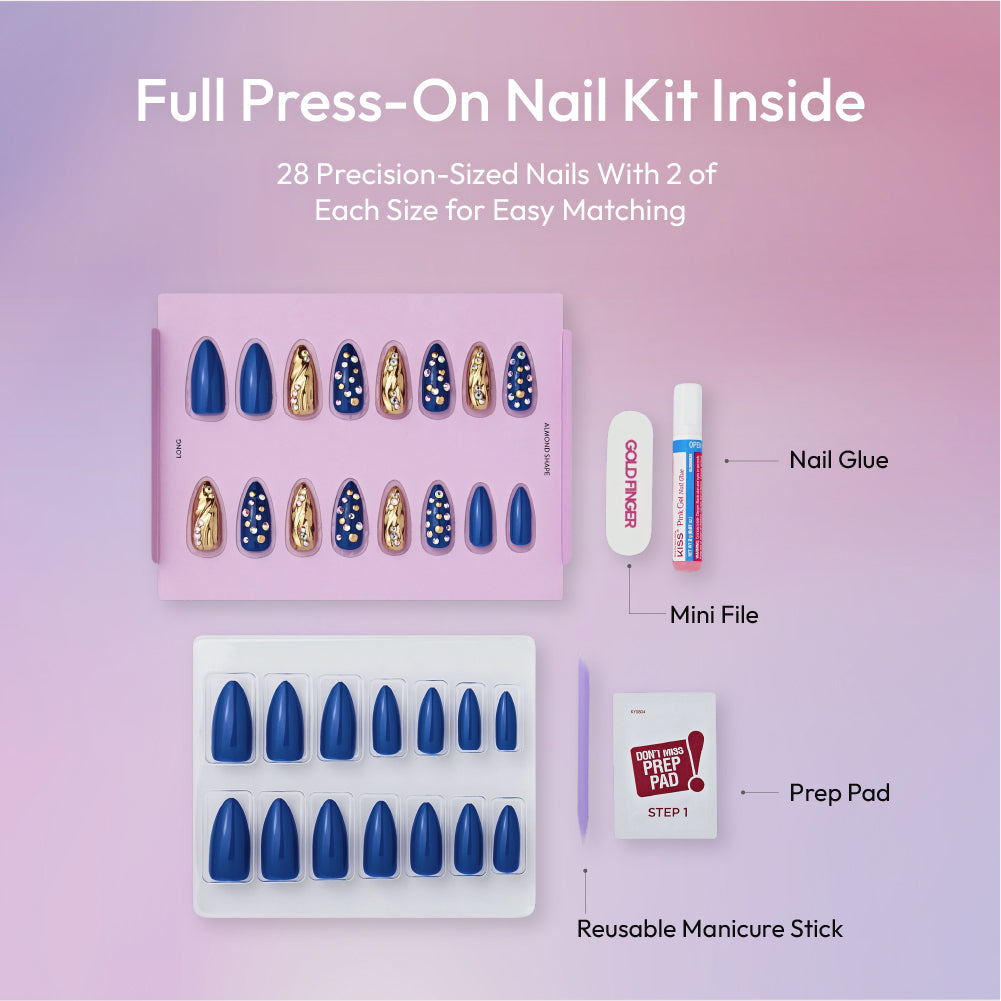 Gold Finger Glitzy 3D Press-On Nails in The Prime – Long Almond Fake Nails, Royal Blue & Gold Chrome with Rhinestones, Luxury Glue On Nails, 28 Pc Kit product view.