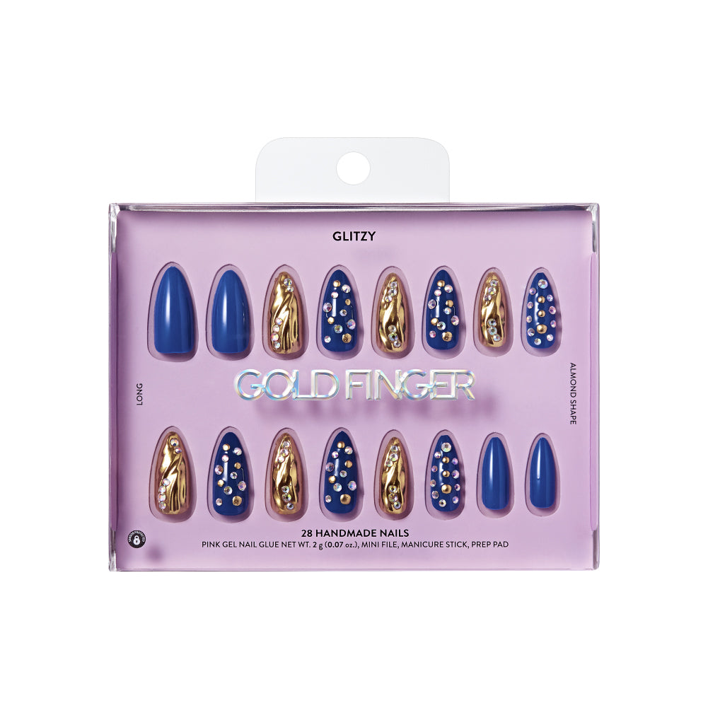 Gold Finger Glitzy 3D Press-On Nails in The Prime – Long Almond Fake Nails, Royal Blue & Gold Chrome with Rhinestones, Luxury Glue On Nails, 28 Pc Kit, package front.