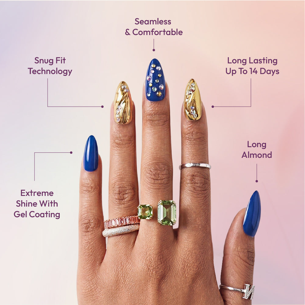 Gold Finger Glitzy 3D Press-On Nails in The Prime – Long Almond Fake Nails, Royal Blue & Gold Chrome with Rhinestones, Luxury Glue On Nails, 28 Pc Kit product view.