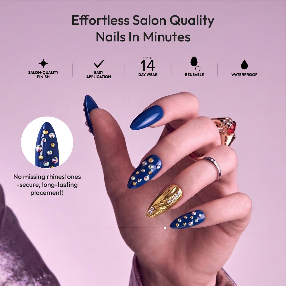 Gold Finger Glitzy 3D Press-On Nails in The Prime – Long Almond Fake Nails, Royal Blue & Gold Chrome with Rhinestones, Luxury Glue On Nails, 28 Pc Kit product view.
