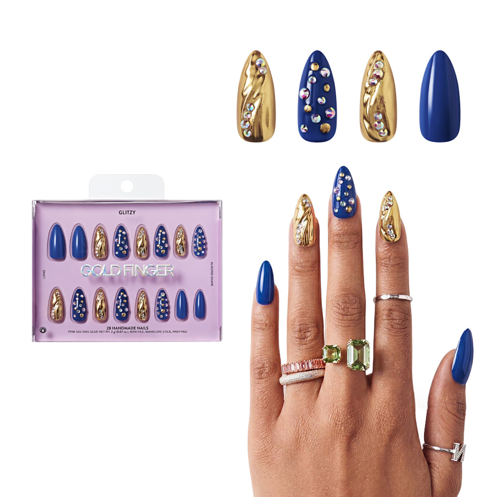 Gold Finger Glitzy 3D Press-On Nails in The Prime – Long Almond Fake Nails, Royal Blue & Gold Chrome with Rhinestones, Luxury Glue On Nails, 28 Pc Kit, main product view.