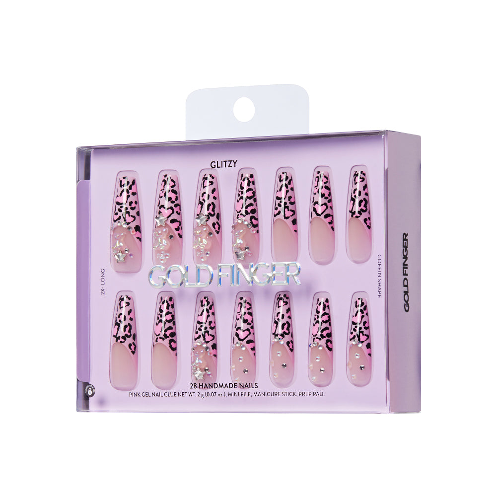 Gold Finger Glitzy 3D Press-On Nails in Top Flight – 2X-Long Coffin Fake Nails, Pink Leopard French with 3D Charms & Stars, Luxury Glue On Nails, 28 Pc Kit