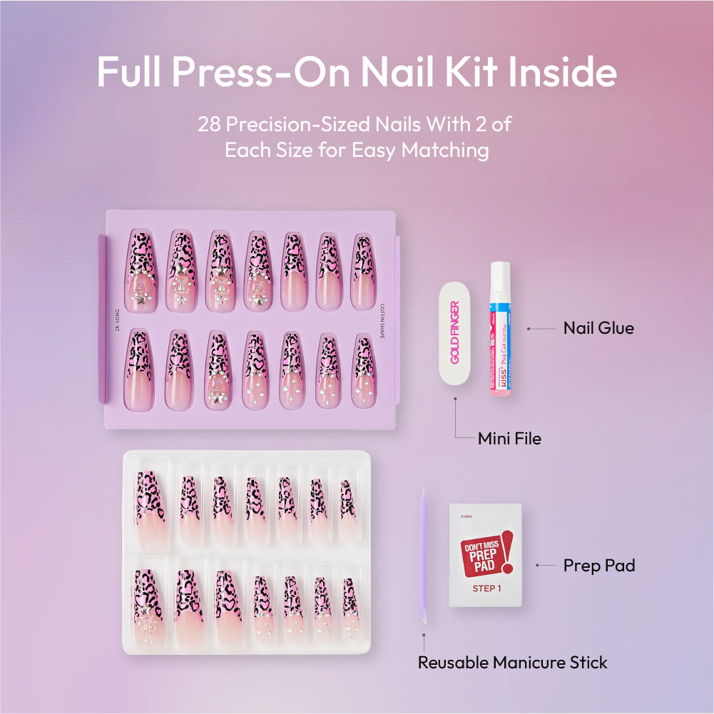 Gold Finger Glitzy 3D Press-On Nails in Top Flight – 2X-Long Coffin Fake Nails, Pink Leopard French with 3D Charms & Stars, Luxury Glue On Nails, 28 Pc Kit