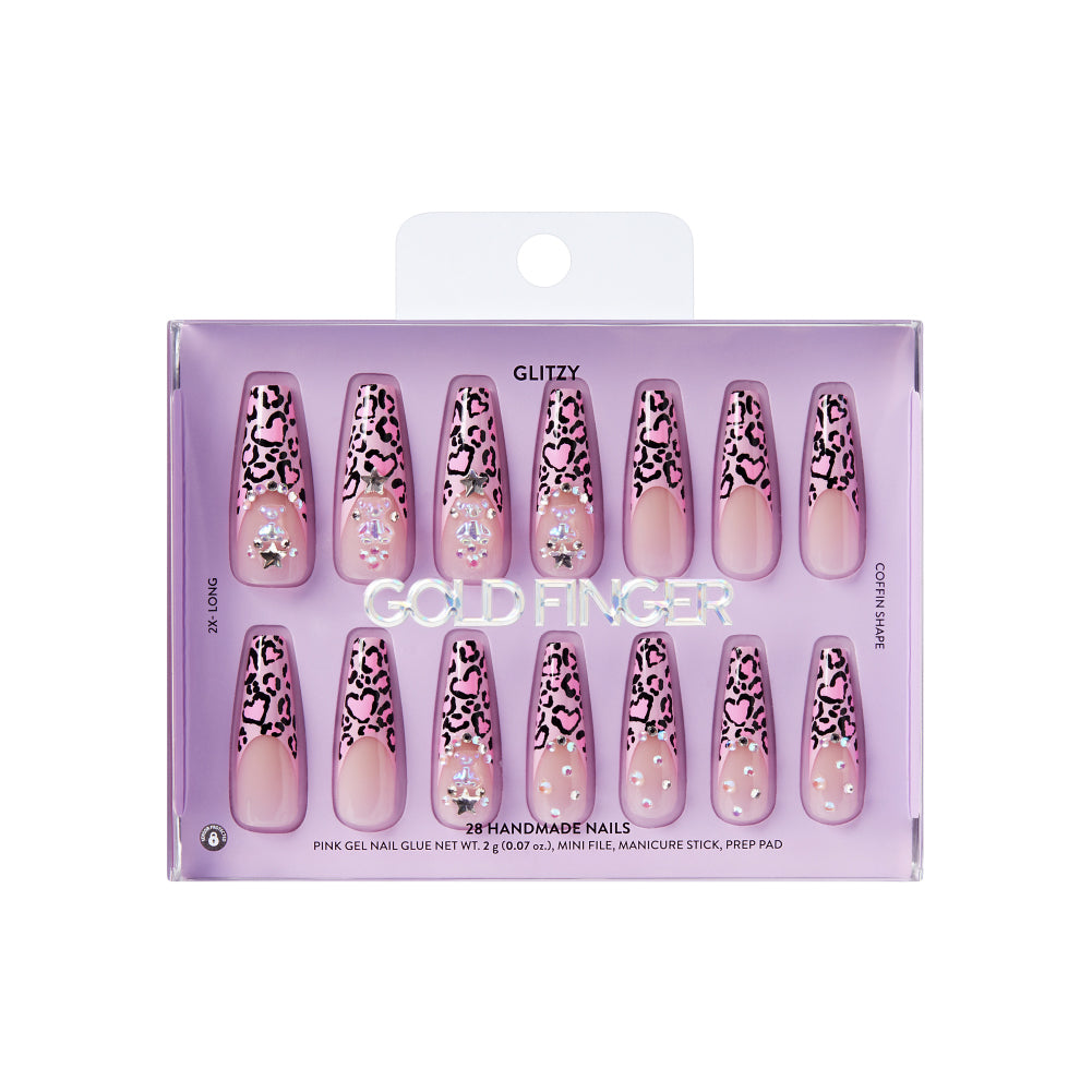 Gold Finger Glitzy 3D Press-On Nails in Top Flight – 2X-Long Coffin Fake Nails, Pink Leopard French with 3D Charms & Stars, Luxury Glue On Nails, 28 Pc Kit