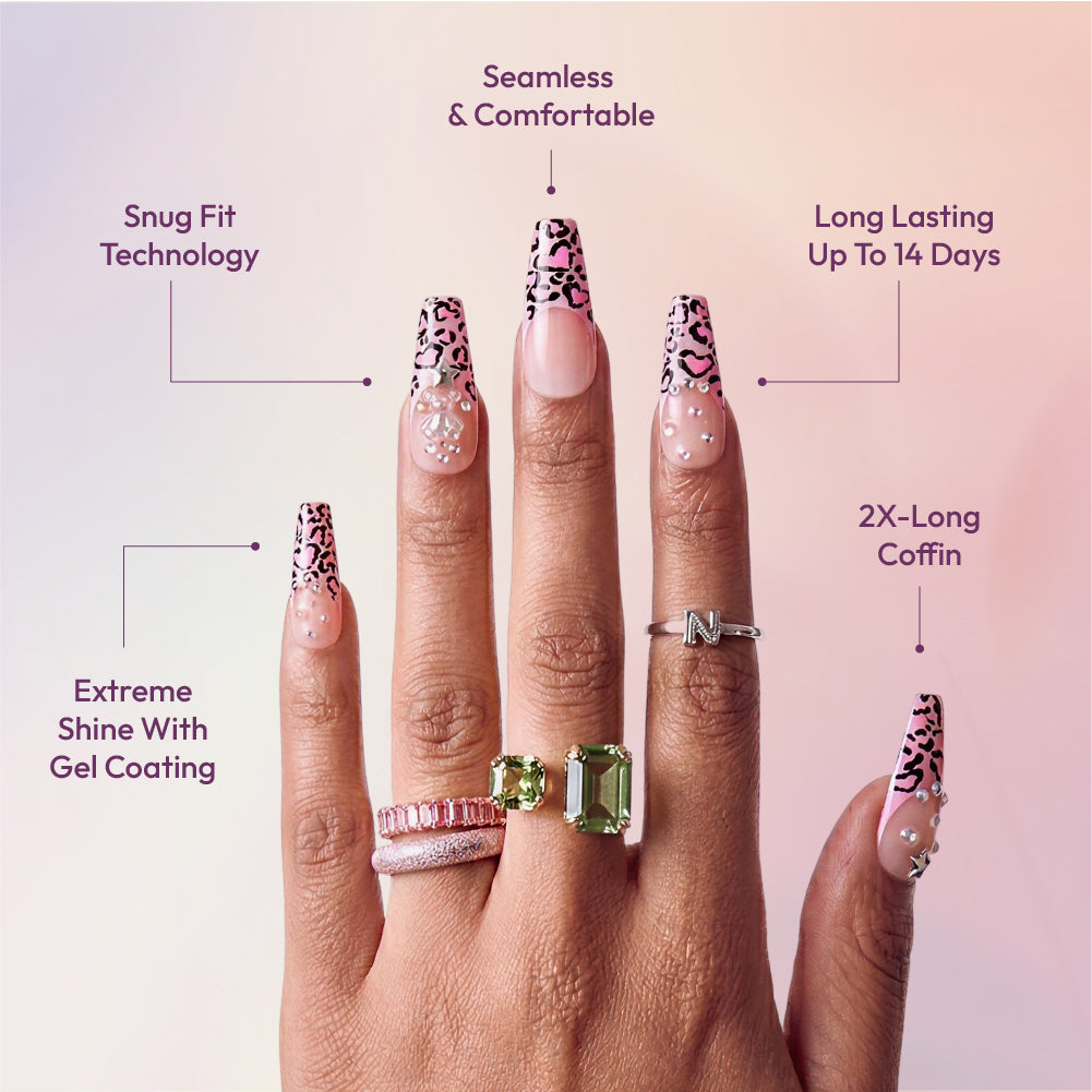 Gold Finger Glitzy 3D Press-On Nails in Top Flight – 2X-Long Coffin Fake Nails, Pink Leopard French with 3D Charms & Stars, Luxury Glue On Nails, 28 Pc Kit