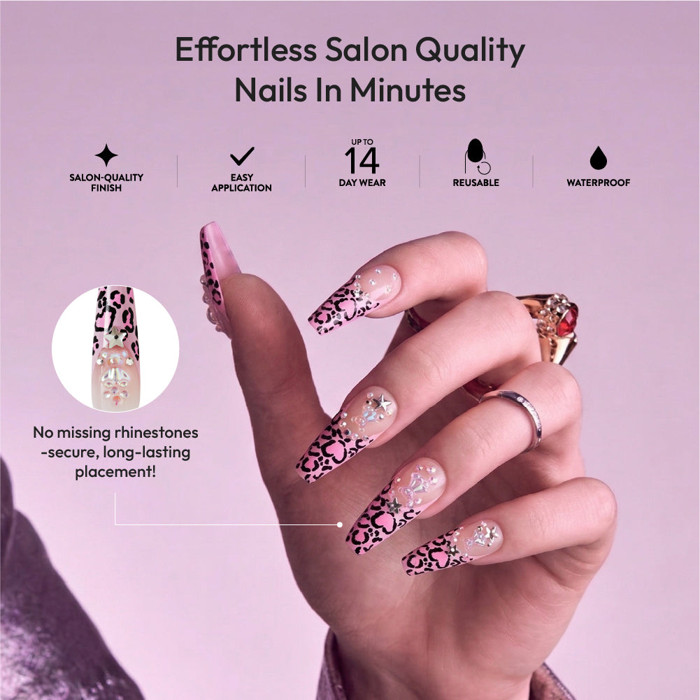 Gold Finger Glitzy 3D Press-On Nails in Top Flight – 2X-Long Coffin Fake Nails, Pink Leopard French with 3D Charms & Stars, Luxury Glue On Nails, 28 Pc Kit
