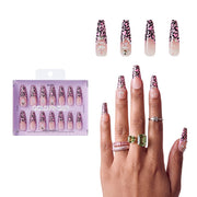 Gold Finger Glitzy 3D Press-On Nails in Top Flight – 2X-Long Coffin Fake Nails, Pink Leopard French with 3D Charms & Stars, Luxury Glue On Nails, 28 Pc Kit