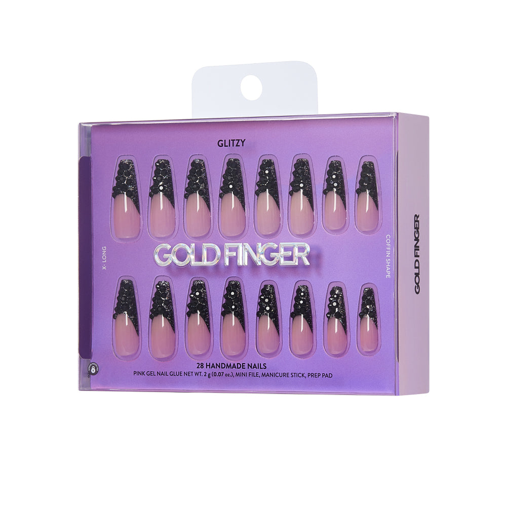 Gold Finger Glitzy 3D Press-On Nails in So Subtle – 3X-Long Coffin Fake Nails, Black Rhinestone French Tip, Luxury Glue On Nails, 28 Pc Kit