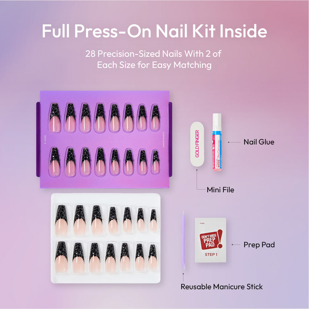 Gold Finger Glitzy 3D Press-On Nails in So Subtle – 3X-Long Coffin Fake Nails, Black Rhinestone French Tip, Luxury Glue On Nails, 28 Pc Kit