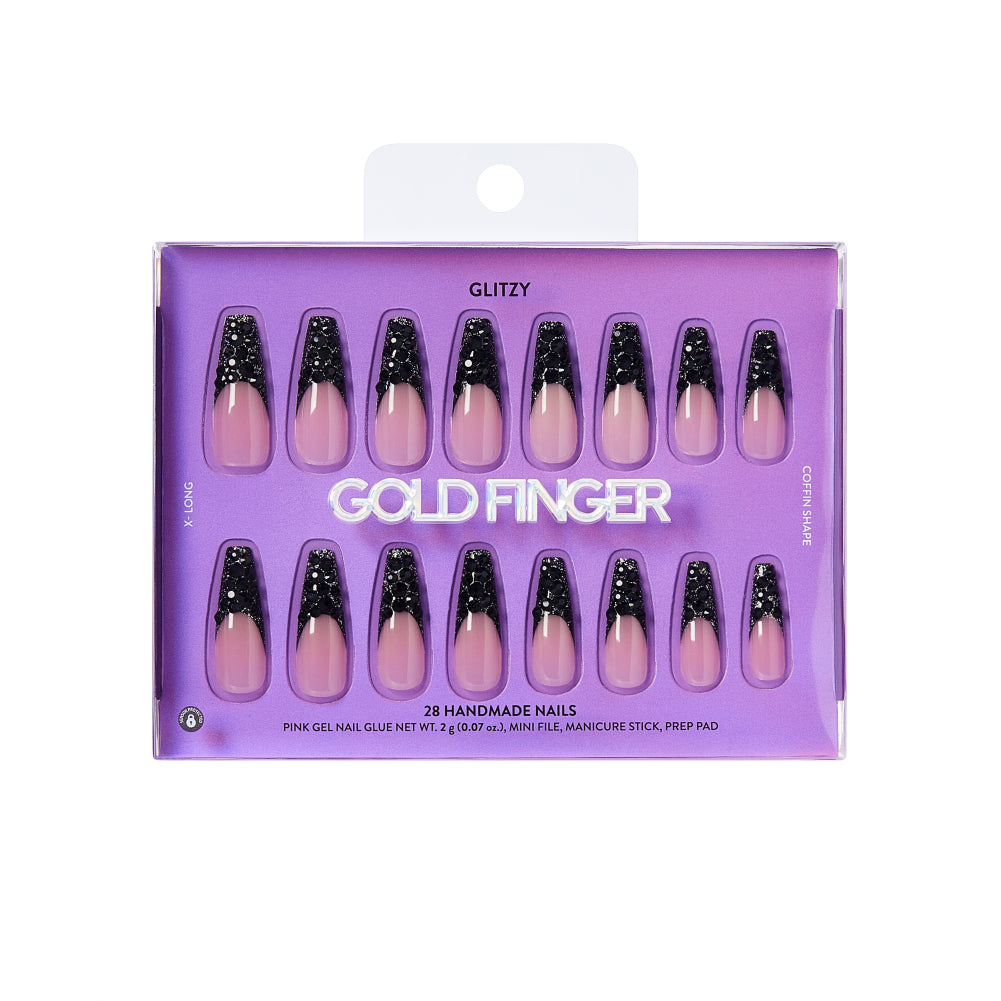 Gold Finger Glitzy 3D Press-On Nails in So Subtle – 3X-Long Coffin Fake Nails, Black Rhinestone French Tip, Luxury Glue On Nails, 28 Pc Kit