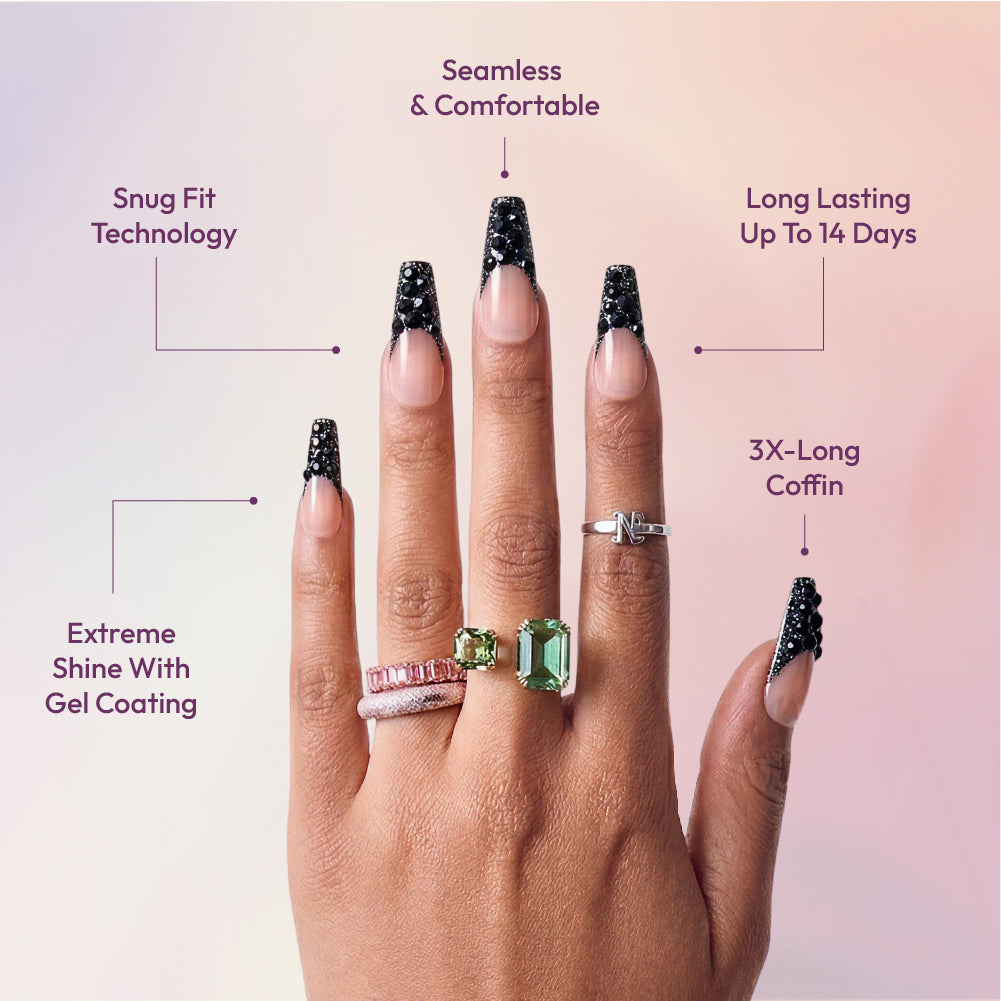 Gold Finger Glitzy 3D Press-On Nails in So Subtle – 3X-Long Coffin Fake Nails, Black Rhinestone French Tip, Luxury Glue On Nails, 28 Pc Kit