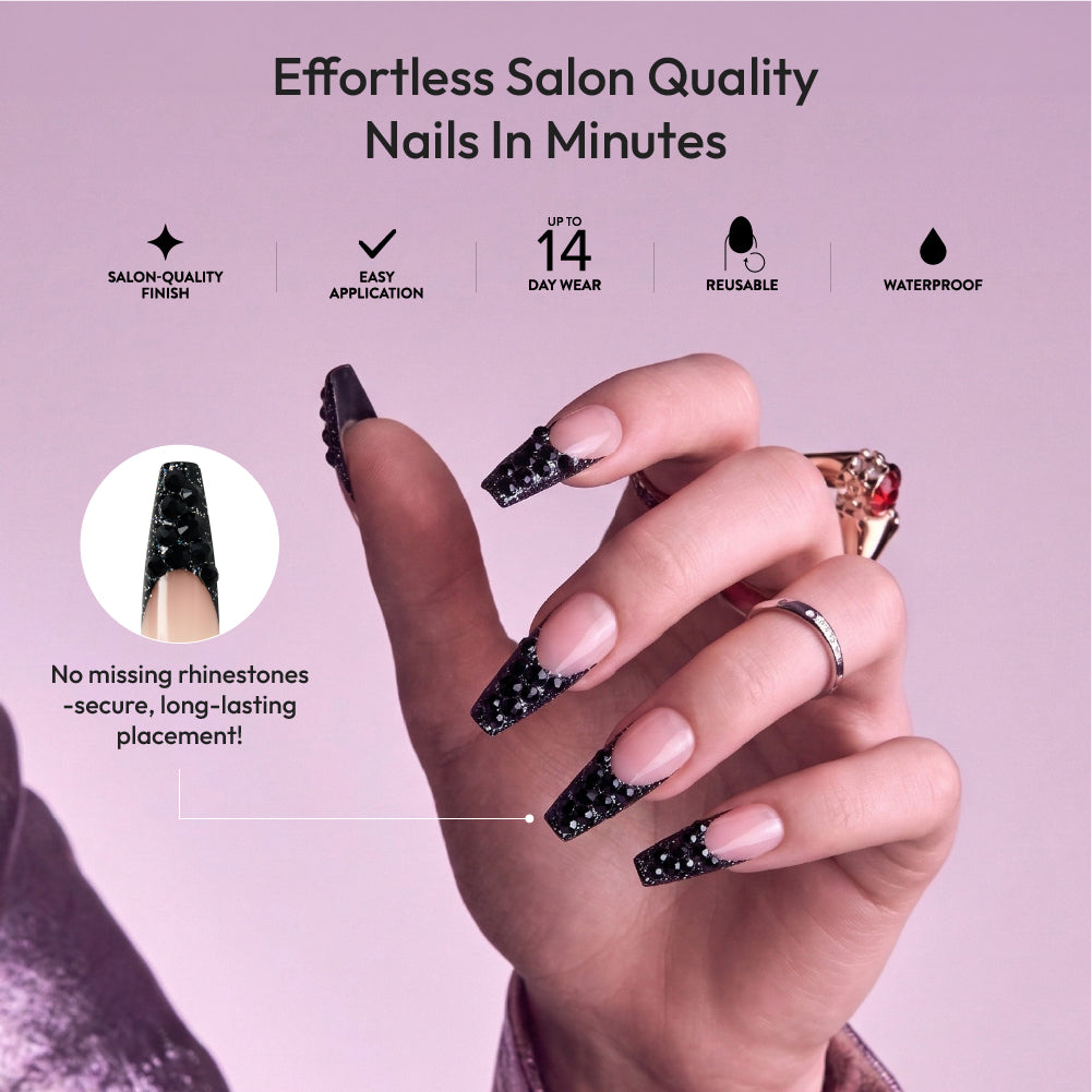 Gold Finger Glitzy 3D Press-On Nails in So Subtle – 3X-Long Coffin Fake Nails, Black Rhinestone French Tip, Luxury Glue On Nails, 28 Pc Kit