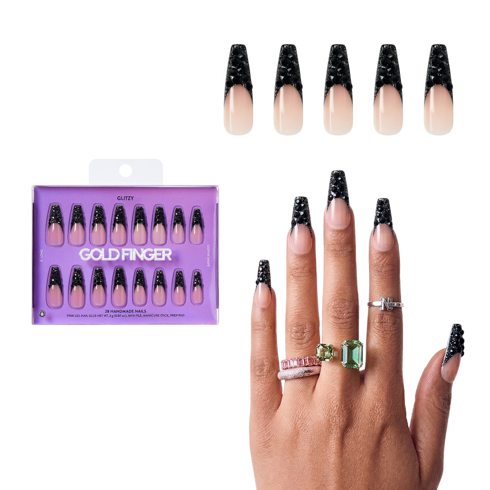 Gold Finger Glitzy 3D Press-On Nails in So Subtle – 3X-Long Coffin Fake Nails, Black Rhinestone French Tip, Luxury Glue On Nails, 28 Pc Kit