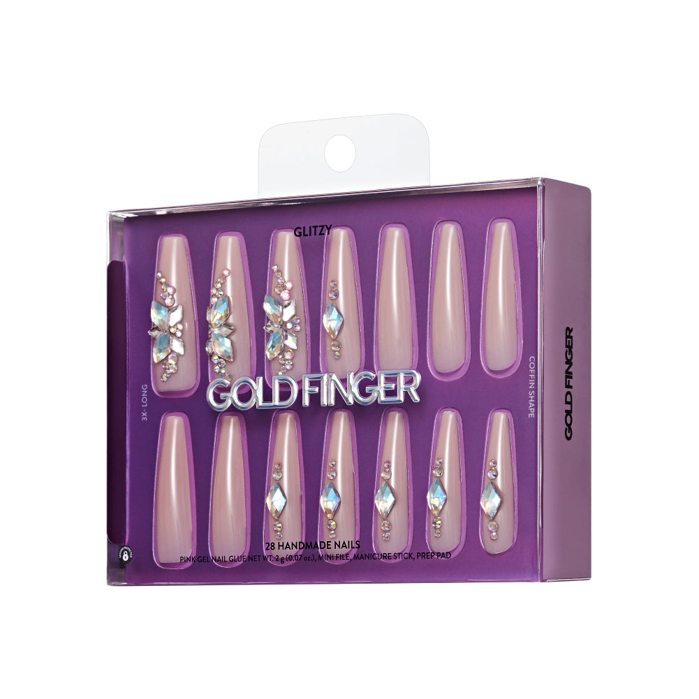 Gold Finger Glitzy 3D Press-On Nails in Pleasant – 3X-Long Coffin Fake Nails, Nude Base with Iridescent Rhinestone Clusters, Luxury Glue On Nails, 28 Pc Kit