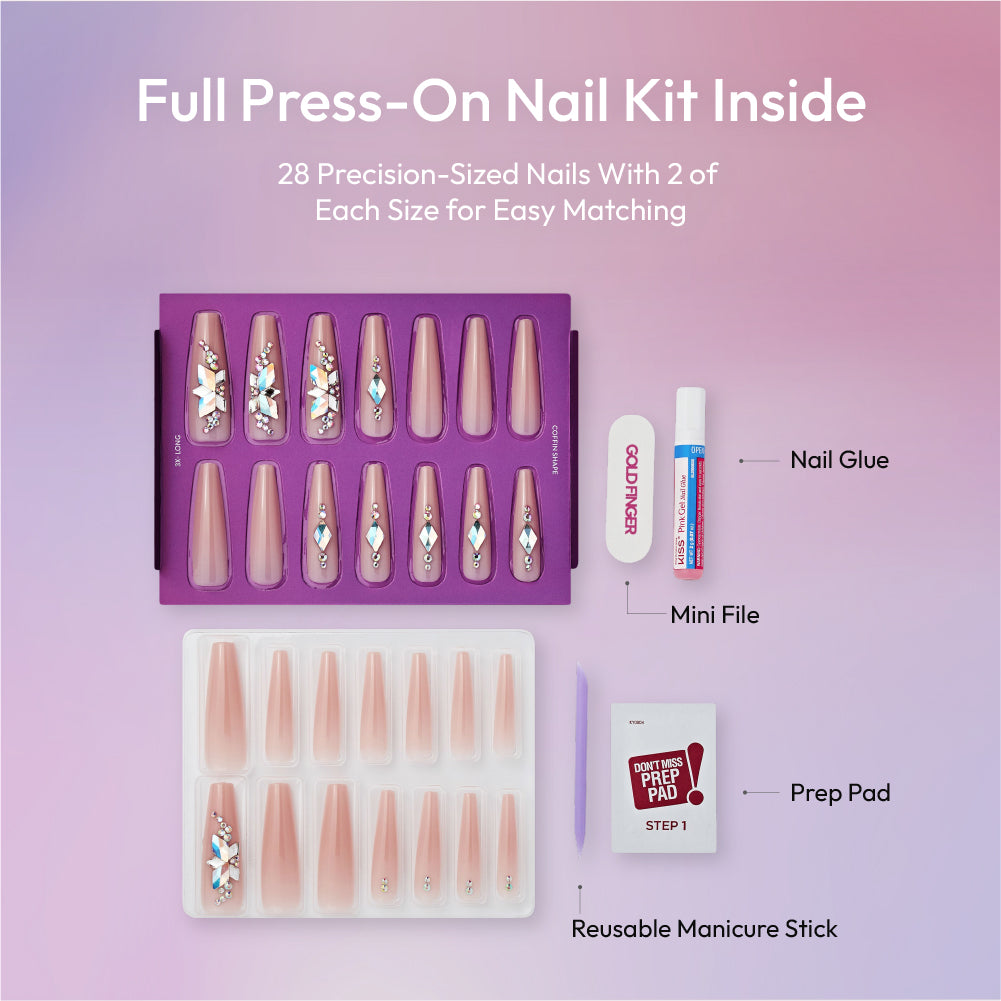 Gold Finger Glitzy 3D Press-On Nails in Pleasant – 3X-Long Coffin Fake Nails, Nude Base with Iridescent Rhinestone Clusters, Luxury Glue On Nails, 28 Pc Kit