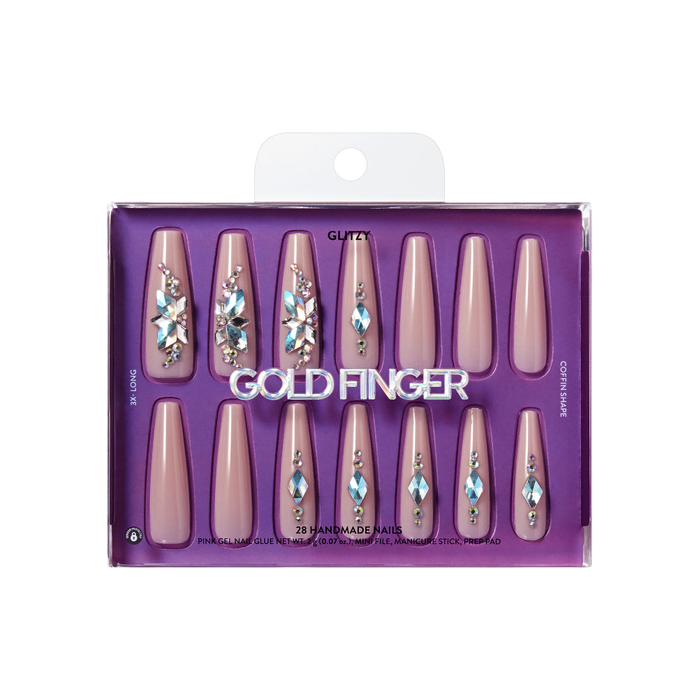 Gold Finger Glitzy 3D Press-On Nails in Pleasant – 3X-Long Coffin Fake Nails, Nude Base with Iridescent Rhinestone Clusters, Luxury Glue On Nails, 28 Pc Kit