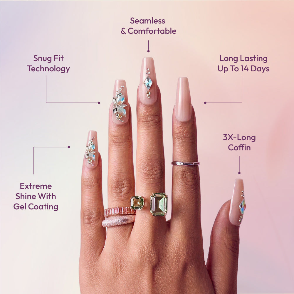 Gold Finger Glitzy 3D Press-On Nails in Pleasant – 3X-Long Coffin Fake Nails, Nude Base with Iridescent Rhinestone Clusters, Luxury Glue On Nails, 28 Pc Kit