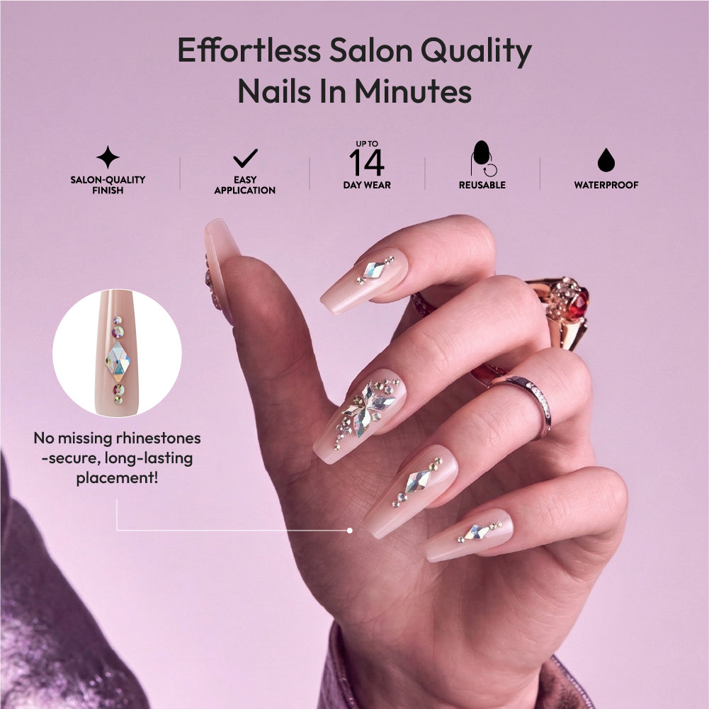 Gold Finger Glitzy 3D Press-On Nails in Pleasant – 3X-Long Coffin Fake Nails, Nude Base with Iridescent Rhinestone Clusters, Luxury Glue On Nails, 28 Pc Kit