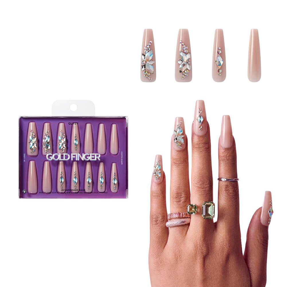 Gold Finger Glitzy 3D Press-On Nails in Pleasant – 3X-Long Coffin Fake Nails, Nude Base with Iridescent Rhinestone Clusters, Luxury Glue On Nails, 28 Pc Kit